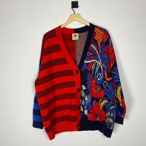 FARM Rio Vintage Forest Striped Floral Patchwork Oversized Knit Cardigan Medium